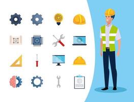 ingeniero, hombre, con, conjunto, iconos, trabajando vector