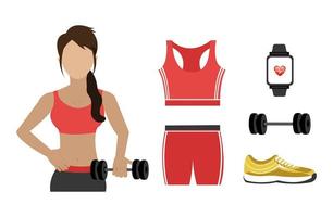 mujer, con, conjunto, iconos, fitness vector