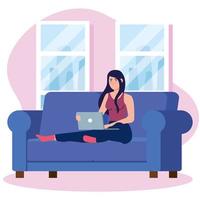 home working, freelancer woman with laptop in sofa, working from home in relaxed pace, convenient workplace vector