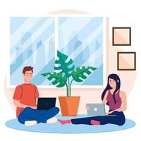 home working, freelancer young couple sitting in floor, working from home in relaxed pace, convenient workplace vector