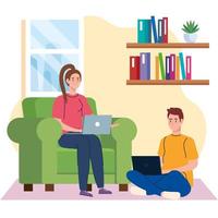home working, freelancer young couple with laptops in living room, working from home in relaxed pace, convenient workplace vector