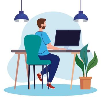 young man using computer in desk, working online vector