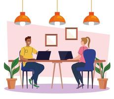 coworking space, couple in desk with laptops, team working concept vector