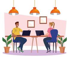 coworking space, couple in desk with laptops, team working concept vector