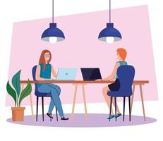 coworking space, women in desk with laptops, team working concept vector