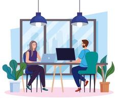 coworking space, couple in desk with computers, team working concept vector