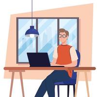 young man using laptop computer in desk, working online vector