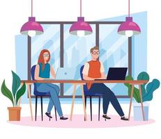 coworking space, couple in desk with laptops computers, team working concept vector