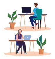 coworking space, couple in desks with computers, team working concept vector