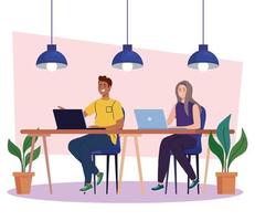 coworking space, couple on desk with laptops, team working concept vector