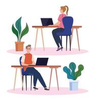 coworking space, couple in desks with laptops, team working concept vector