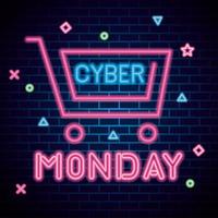 cyber monday with cart neon on bricks background vector design