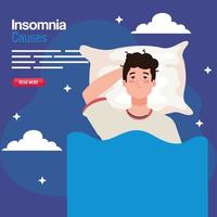 El insomnio causa al hombre en la cama con diseño de vector de almohada y nubes