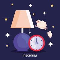 lámpara de reloj de insomnio y diseño de vector de ovejas