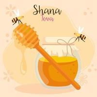 celebración de rosh hashaná, año nuevo judío, con botella de miel y abejas volando vector