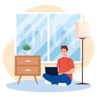 home working, freelancer man sitting in floor, working from home in relaxed pace, convenient workplace vector