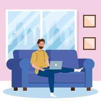 home working, freelancer man with laptop in sofa, working from home in relaxed pace, convenient workplace vector