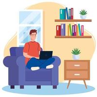 home working, freelancer young man with laptop in sofa, working from home in relaxed pace, convenient workplace vector