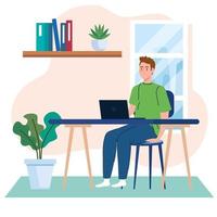 home working, freelancer young man with laptop in desk, working from home in relaxed pace, convenient workplace vector