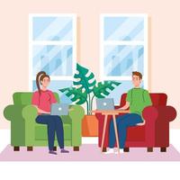 home working, freelancer young couple with laptops in the living room, working from home in relaxed pace, convenient workplace vector