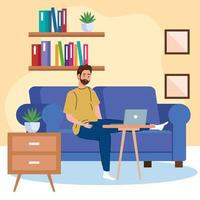 home working, freelancer man with laptop on sofa, working from home in relaxed pace, convenient workplace vector