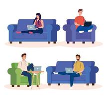 set scenes of home working, freelancer couple working from home in relaxed pace, convenient workplaces vector