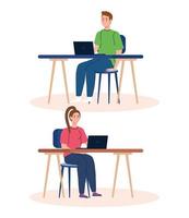 home working, freelancer young couple with laptops in desks, working from home in relaxed pace, convenient workplace vector