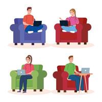 set scenes of home working, freelancer couple working from home in relaxed pace, convenient workplaces vector