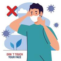 do not touch your face, man using face mask outdoor, avoid touching your face, coronavirus covid19 prevention vector