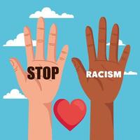 Detener el racismo, con la mano y el corazón y las nubes en el fondo, las vidas negras importan el concepto vector