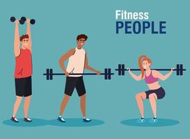 fitness people, group of young people practicing exercise with dumbbells and weight bar vector