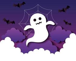 happy halloween banner, with ghost, clouds and bats flying in paper cut style vector