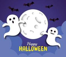 happy halloween banner, with ghosts, full moon and bats flying in paper cut style vector