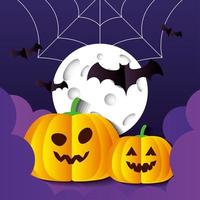 banner de feliz halloween, con calabazas, murciélagos volando, luna llena, telaraña y nubes en estilo de corte de papel vector