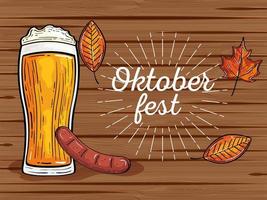 oktoberfest festival celebration with beer glass, sasage, autumn leaves in wooden background vector