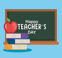 happy teachers day, chalkboard with pile books and apple vector