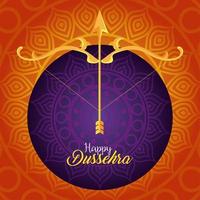 happy dussehra festival, with golden arrow and arch on orange and purple background vector