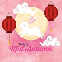 chinese mid autumn festival with rabbit, full moon, clouds and lanterns hanging vector