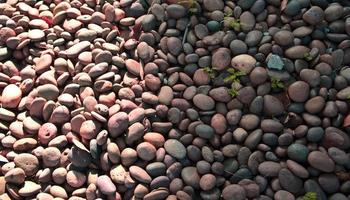 Natural colored pink pebble stones with radial sunlight. Rock abstract pattern texture background. Top view, horizontal image style. photo