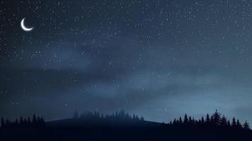 Night landscape with crescent moon, forest and starry sky vector