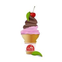 Chocolate ice cream with a cherry and mint leaves in cartoon style isolated on white background vector