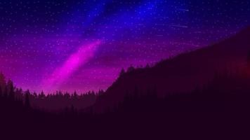 paisaje nocturno con un hermoso cielo multicolor y un grupo de estrellas, papel tapiz de colores con un bosque de pinos en el horizonte y una galaxia en el cielo vector