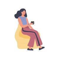 Woman sitting resting and drinking on a comfortable ball chair vector