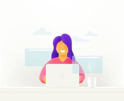 mujer que trabaja en internet sentada a la mesa. Linda ilustración de estilo 3d vector