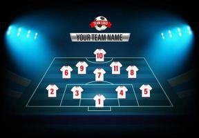 Soccer team formation template. Illuminated football stadium with players numbers vector