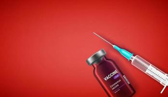 Vaccine glass vial and plastic syringe on a red table vector