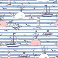 Seamless pattern on a marine theme striped background blue. Vector