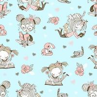 Seamless pattern with cute reading girls. Vector