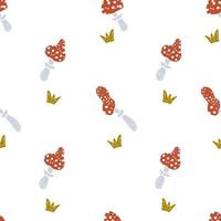 Cartoon style doodle seamless pattern of red toadstools and grass vector