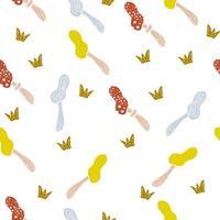 Doodle seamless pattern of multicolored mushrooms and grass vector